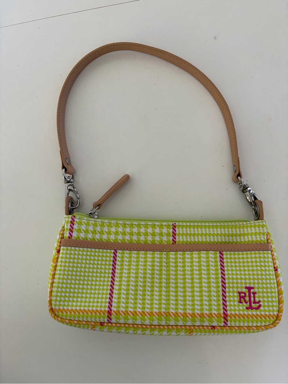 Lauren Ralph Lauren Woven Neon Green, Pink & Orange Plaid Mini Handbag